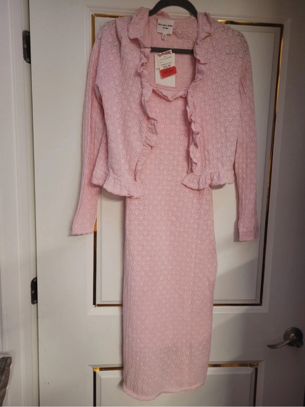 Classic Pink Knit Dress & Jacket Set - Elegant Women's Two-Piece